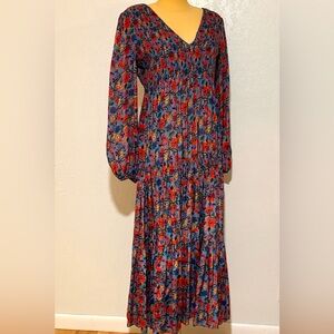RIXO Brooke Red Blue Floral V-Neck Maxi Dress Smocked Tiered Puff Long Sleeves